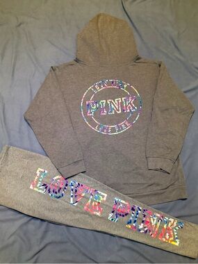 VS PINK Grey Hoodie & Leggings Set with Tie Dye Logo